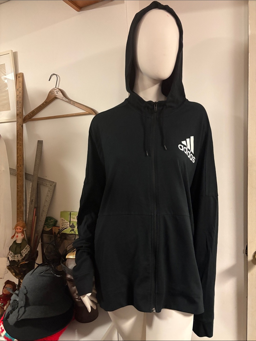 Adidas Black Full-Zip Hooded Sweatshirt with White Logo